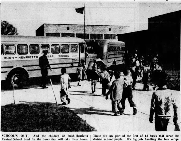 Old newspaper photo showing young students in 1952 heading to buses